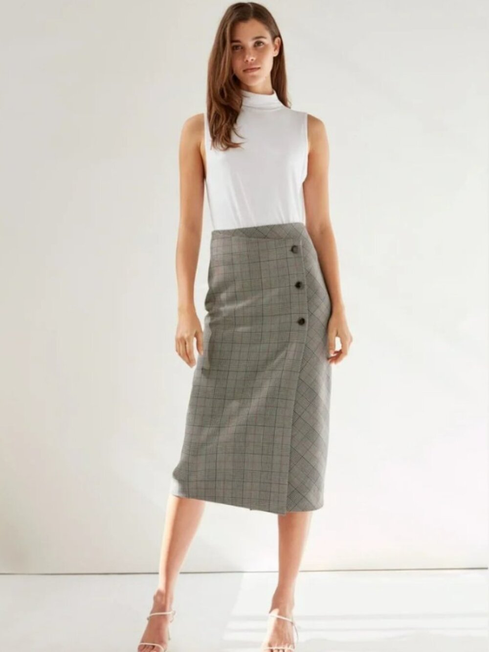 Aritzia Babaton Skirt Grey White Black Midi High-Waist Plaid Size 2